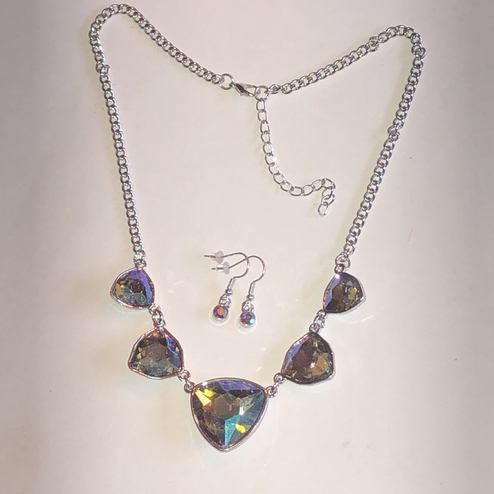 Multicolor Iridescent Triangle Pendant Necklace and Earrings